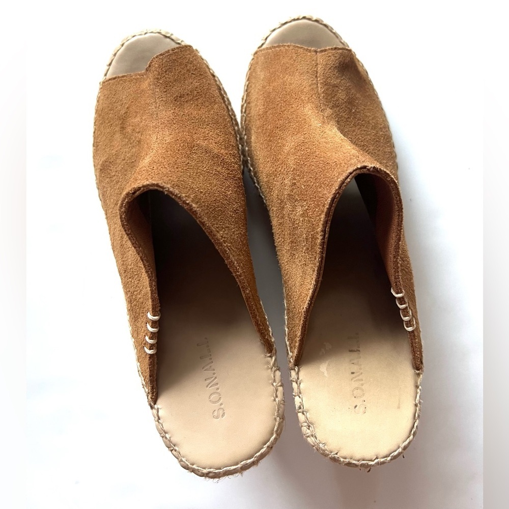 SONALI Tan Suede Peep-Toe Wedge Espadrilles Women's Shoes Size 8 - Picture 3 of 8
